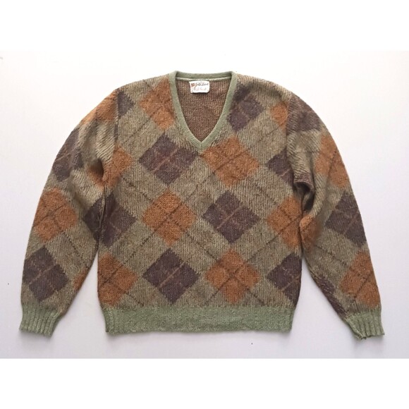 VTG Rob Scot Mohair Blend V Neck Sweater Olive Green/Brown Argyle Mens S - Picture 5 of 5